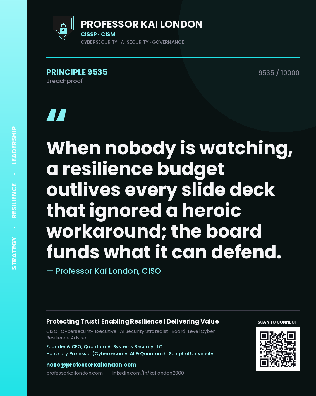 Quote card by Professor Kai London reading 'When nobody is watching, a resilience budget outlives every slide deck that ignored a heroic workaround; the board funds what it can defend.'. From the book Breachproof.