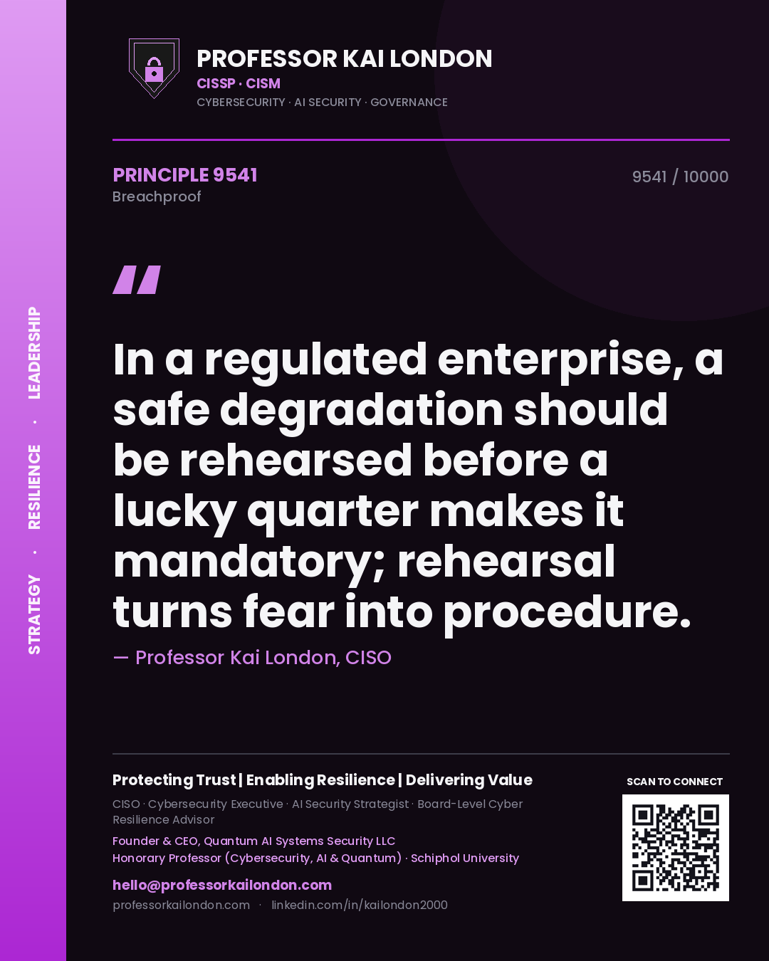 Professor Kai London principle 9541: In a regulated enterprise, a safe degradation should be rehearsed before a lucky quarter makes it mandatory; rehearsal turns fear into procedure.