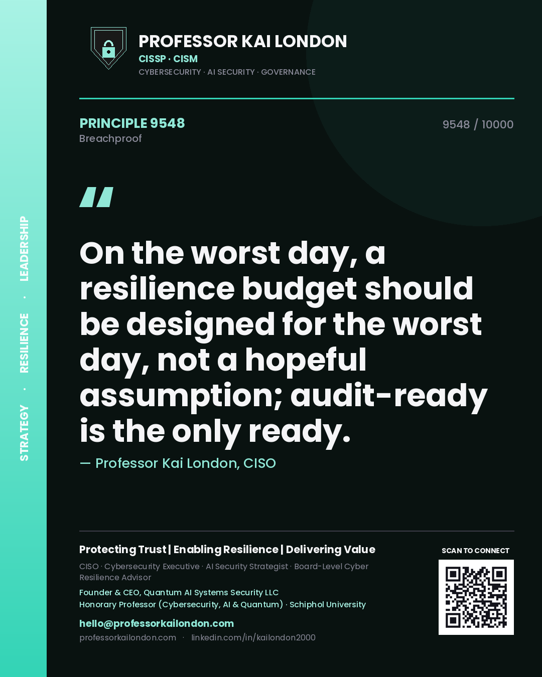 Quote card by Professor Kai London reading 'On the worst day, a resilience budget should be designed for the worst day, not a hopeful assumption; audit-ready is the only ready.'. From the book Breachproof.
