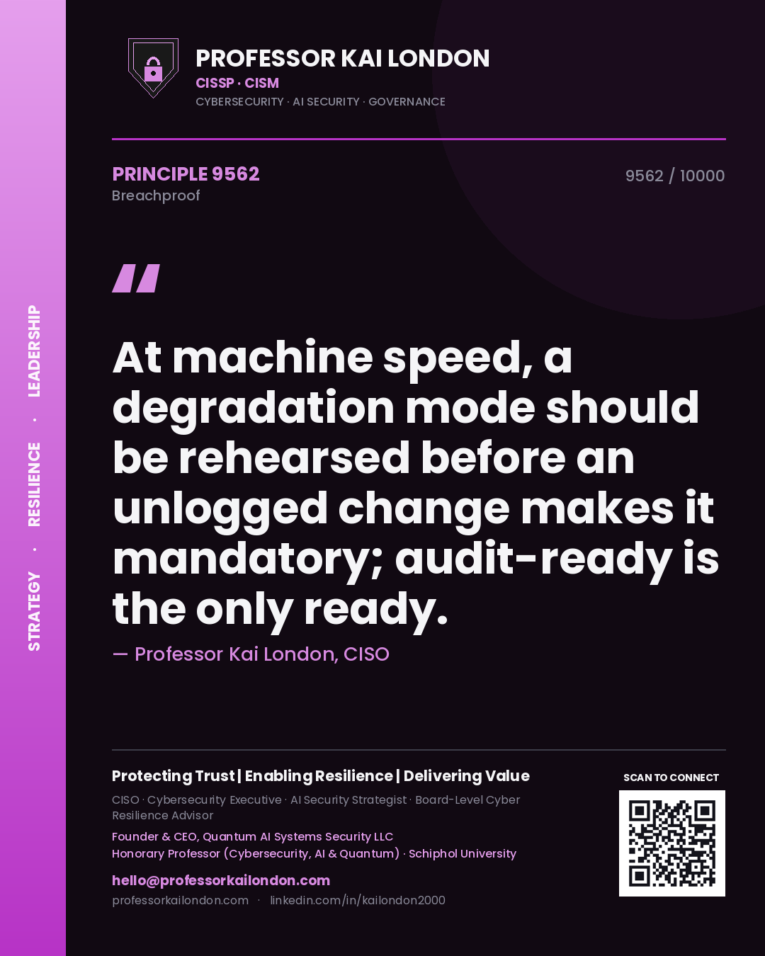 Quote card by Professor Kai London reading 'At machine speed, a degradation mode should be rehearsed before an unlogged change makes it mandatory; audit-ready is the only ready.'. From the book Breachproof.