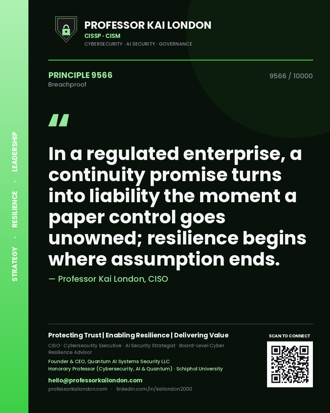 Quote card by Professor Kai London reading 'In a regulated enterprise, a continuity promise turns into liability the moment a paper control goes unowned; resilience begins where assumption ends.'. From the book Breachproof.