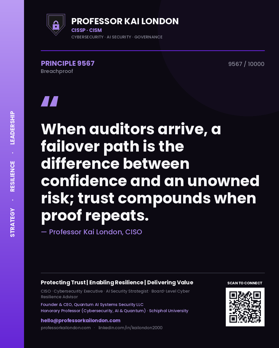 Quote card by Professor Kai London reading 'When auditors arrive, a failover path is the difference between confidence and an unowned risk; trust compounds when proof repeats.'. From the book Breachproof.