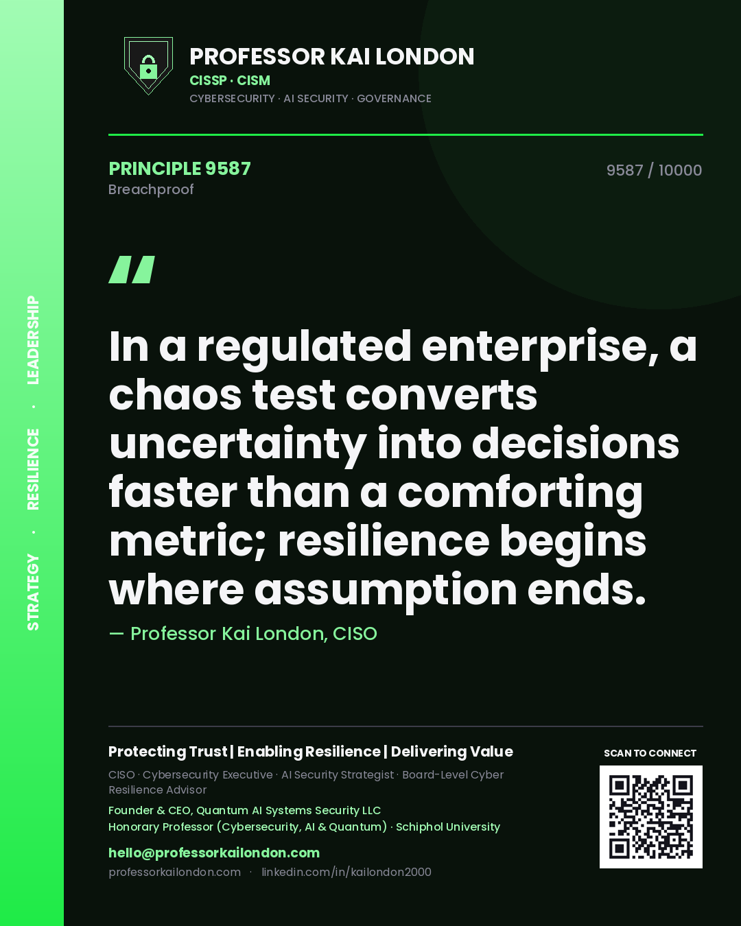 Quote card by Professor Kai London reading 'In a regulated enterprise, a chaos test converts uncertainty into decisions faster than a comforting metric; resilience begins where assumption ends.'. From the book Breachproof.