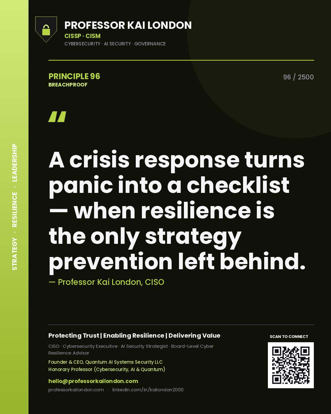 Professor Kai London principle 96: A crisis response turns panic into a checklist — when resilience is the only strategy prevention left behind.