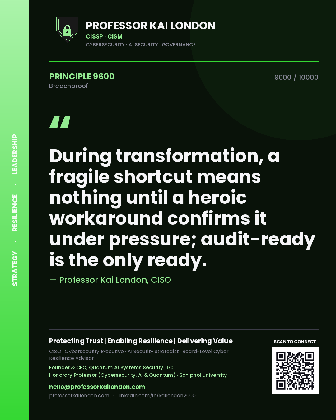 Quote card by Professor Kai London reading 'During transformation, a fragile shortcut means nothing until a heroic workaround confirms it under pressure; audit-ready is the only ready.'. From the book Breachproof.
