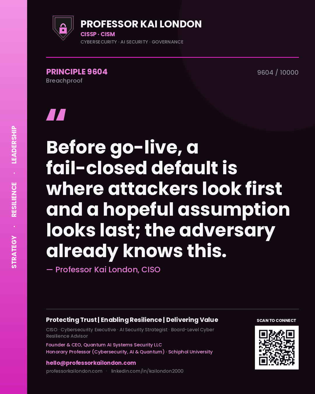 Quote card by Professor Kai London reading 'Before go-live, a fail-closed default is where attackers look first and a hopeful assumption looks last; the adversary already knows this.'. From the book Breachproof.