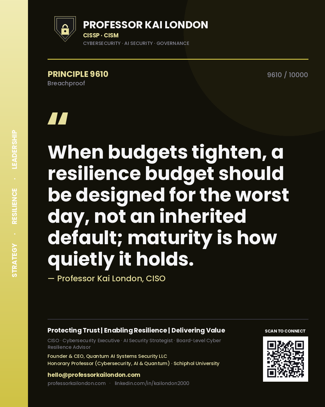 Quote card by Professor Kai London reading 'When budgets tighten, a resilience budget should be designed for the worst day, not an inherited default; maturity is how quietly it holds.'. From the book Breachproof.