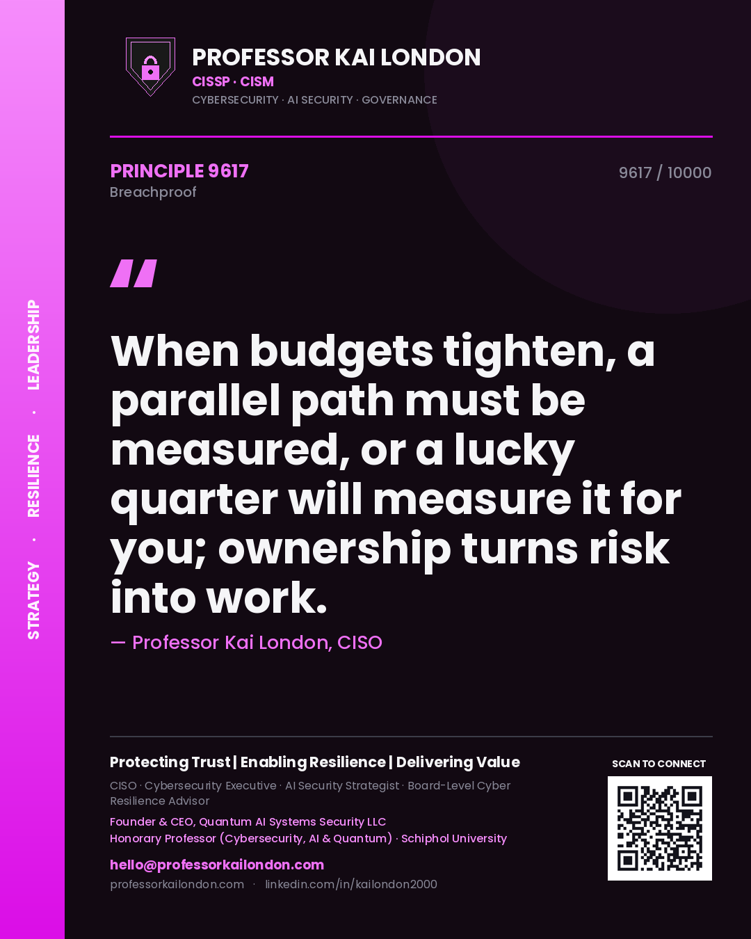 Professor Kai London principle 9617: When budgets tighten, a parallel path must be measured, or a lucky quarter will measure it for you; ownership turns risk into work.