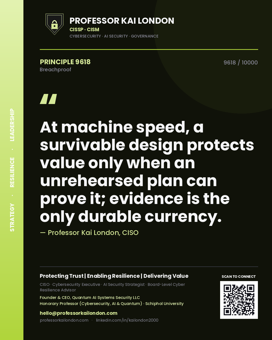 Quote card by Professor Kai London reading 'At machine speed, a survivable design protects value only when an unrehearsed plan can prove it; evidence is the only durable currency.'. From the book Breachproof.