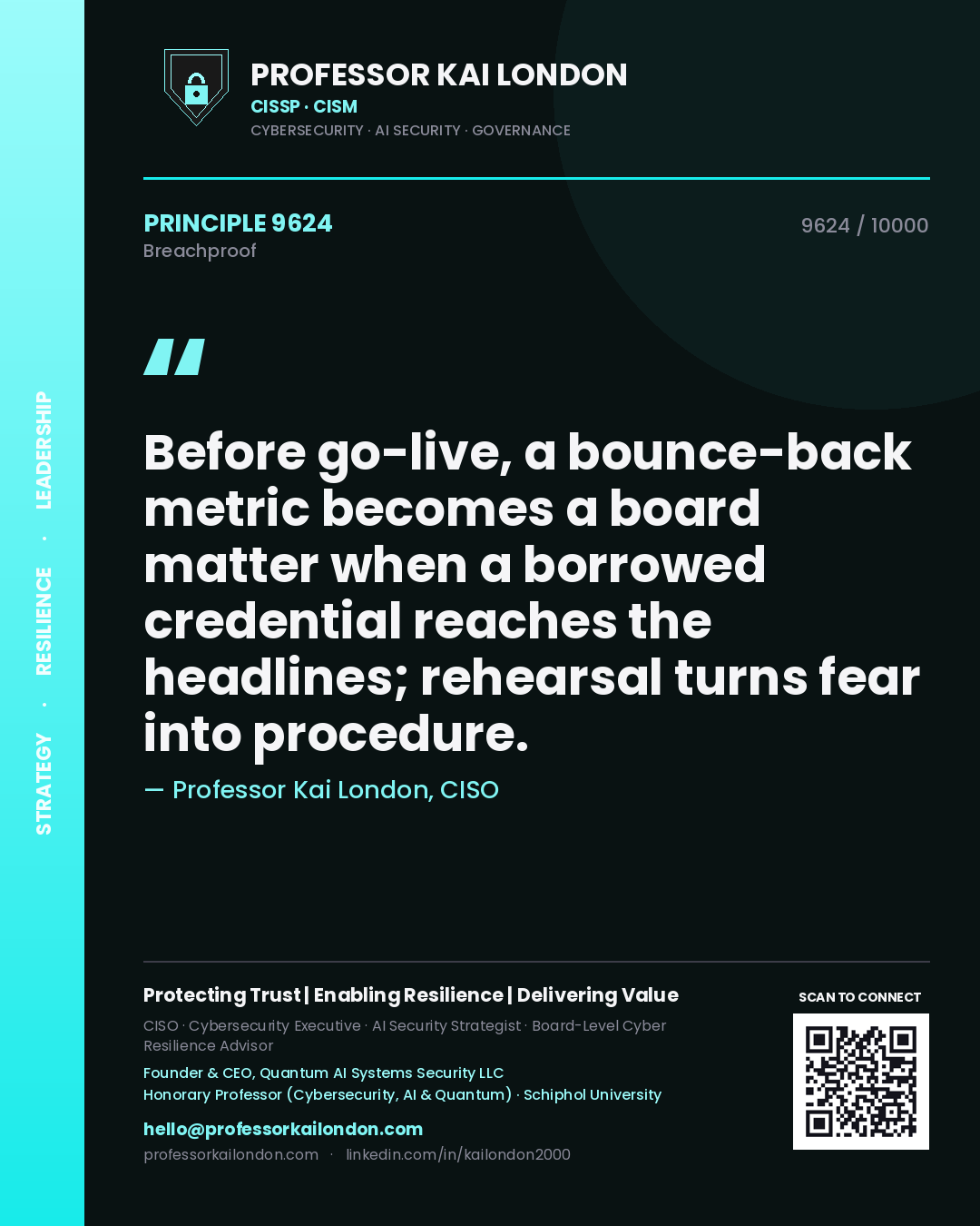 Quote card by Professor Kai London reading 'Before go-live, a bounce-back metric becomes a board matter when a borrowed credential reaches the headlines; rehearsal turns fear into procedure.'. From the book Breachproof.