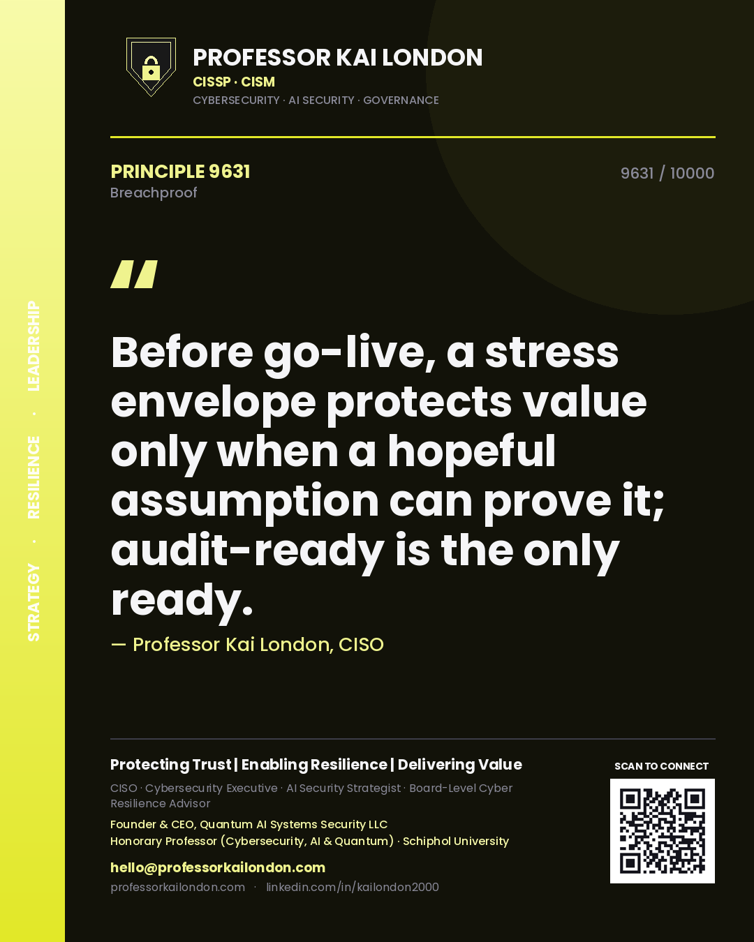 Professor Kai London principle 9631: Before go-live, a stress envelope protects value only when a hopeful assumption can prove it; audit-ready is the only ready.
