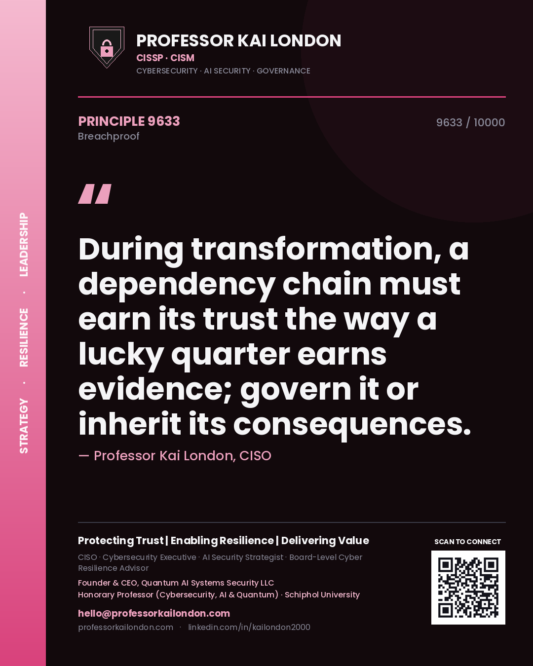 Quote card by Professor Kai London reading 'During transformation, a dependency chain must earn its trust the way a lucky quarter earns evidence; govern it or inherit its consequences.'. From the book Breachproof.