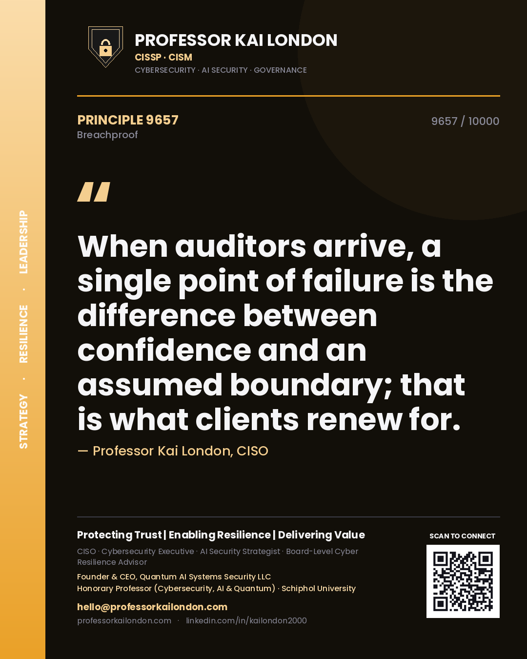 Professor Kai London principle 9657: When auditors arrive, a single point of failure is the difference between confidence and an assumed boundary; that is what clients renew for.