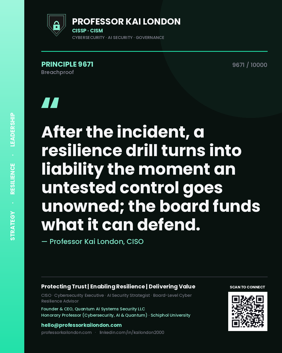 Quote card by Professor Kai London reading 'After the incident, a resilience drill turns into liability the moment an untested control goes unowned; the board funds what it can defend.'. From the book Breachproof.