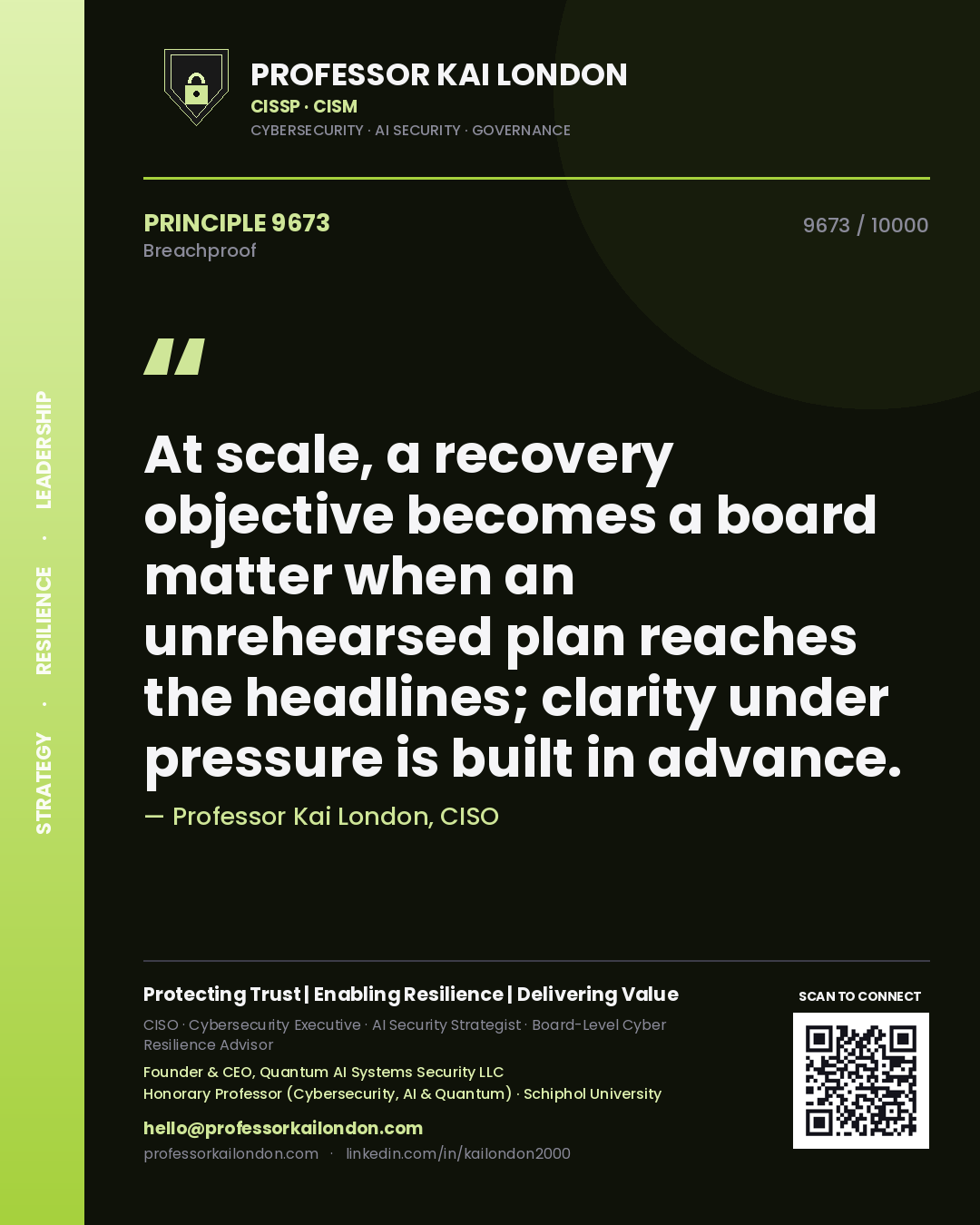 Quote card by Professor Kai London reading 'At scale, a recovery objective becomes a board matter when an unrehearsed plan reaches the headlines; clarity under pressure is built in advance.'. From the book Breachproof.