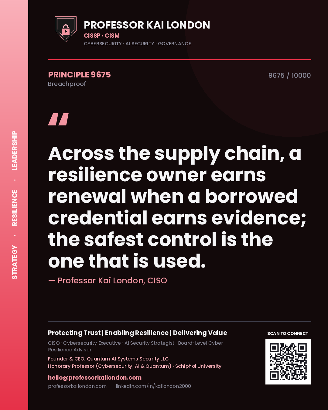 Quote card by Professor Kai London reading 'Across the supply chain, a resilience owner earns renewal when a borrowed credential earns evidence; the safest control is the one that is used.'. From the book Breachproof.
