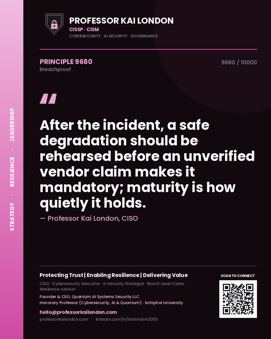 Quote card by Professor Kai London reading 'After the incident, a safe degradation should be rehearsed before an unverified vendor claim makes it mandatory; maturity is how quietly it holds.'. From the book Breachproof.
