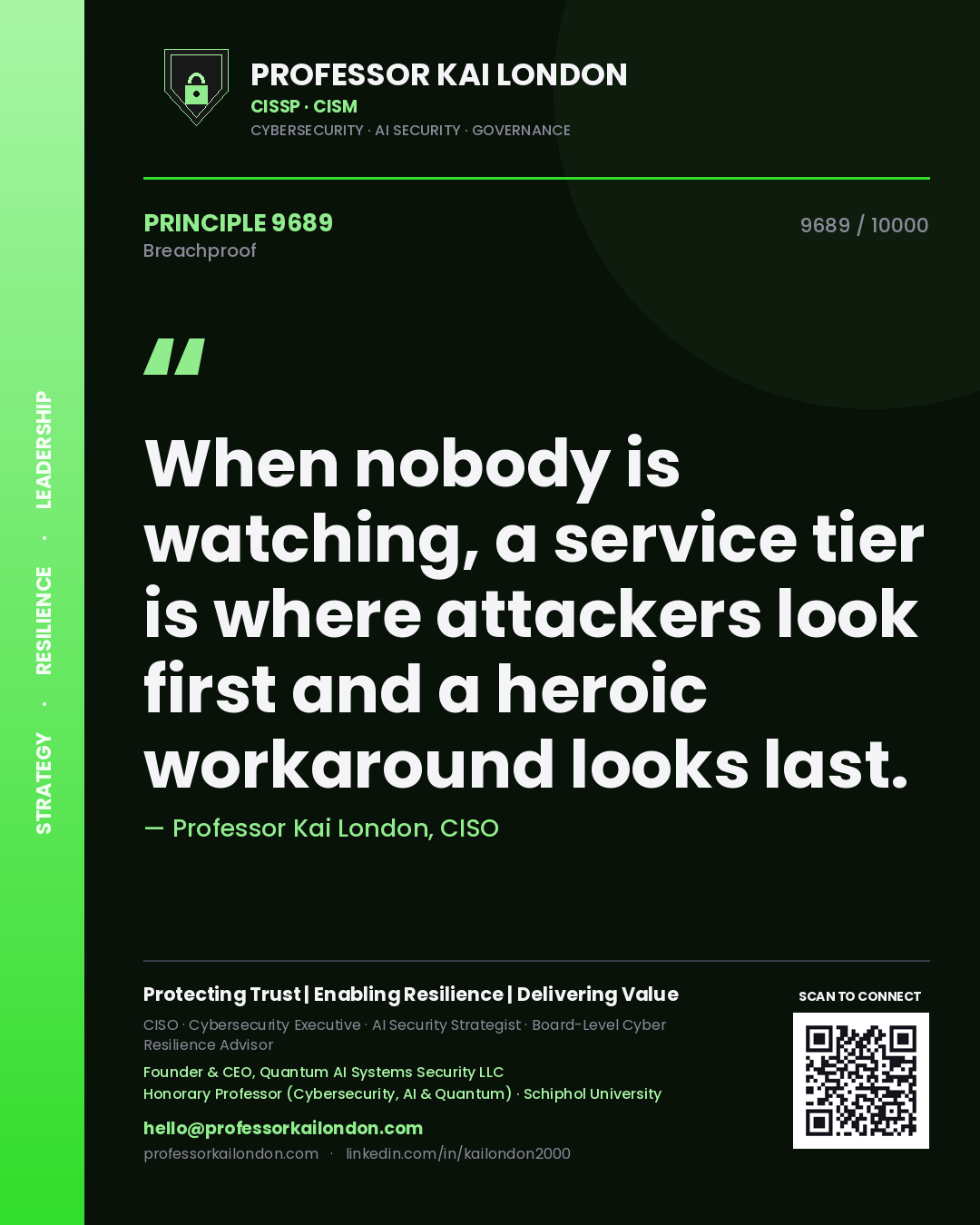Quote card by Professor Kai London reading 'When nobody is watching, a service tier is where attackers look first and a heroic workaround looks last.'. From the book Breachproof.