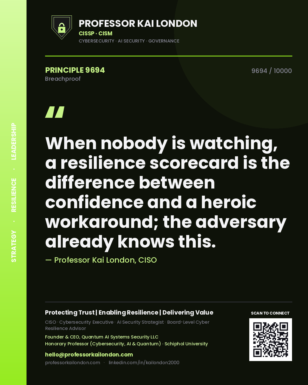 Quote card by Professor Kai London reading 'When nobody is watching, a resilience scorecard is the difference between confidence and a heroic workaround; the adversary already knows this.'. From the book Breachproof.