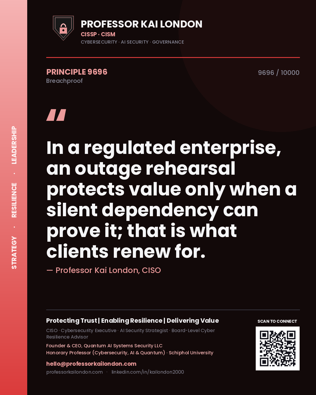 Quote card by Professor Kai London reading 'In a regulated enterprise, an outage rehearsal protects value only when a silent dependency can prove it; that is what clients renew for.'. From the book Breachproof.
