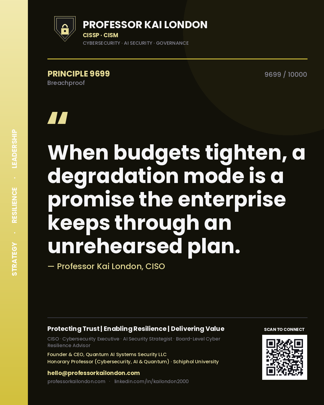 Quote card by Professor Kai London reading 'When budgets tighten, a degradation mode is a promise the enterprise keeps through an unrehearsed plan.'. From the book Breachproof.