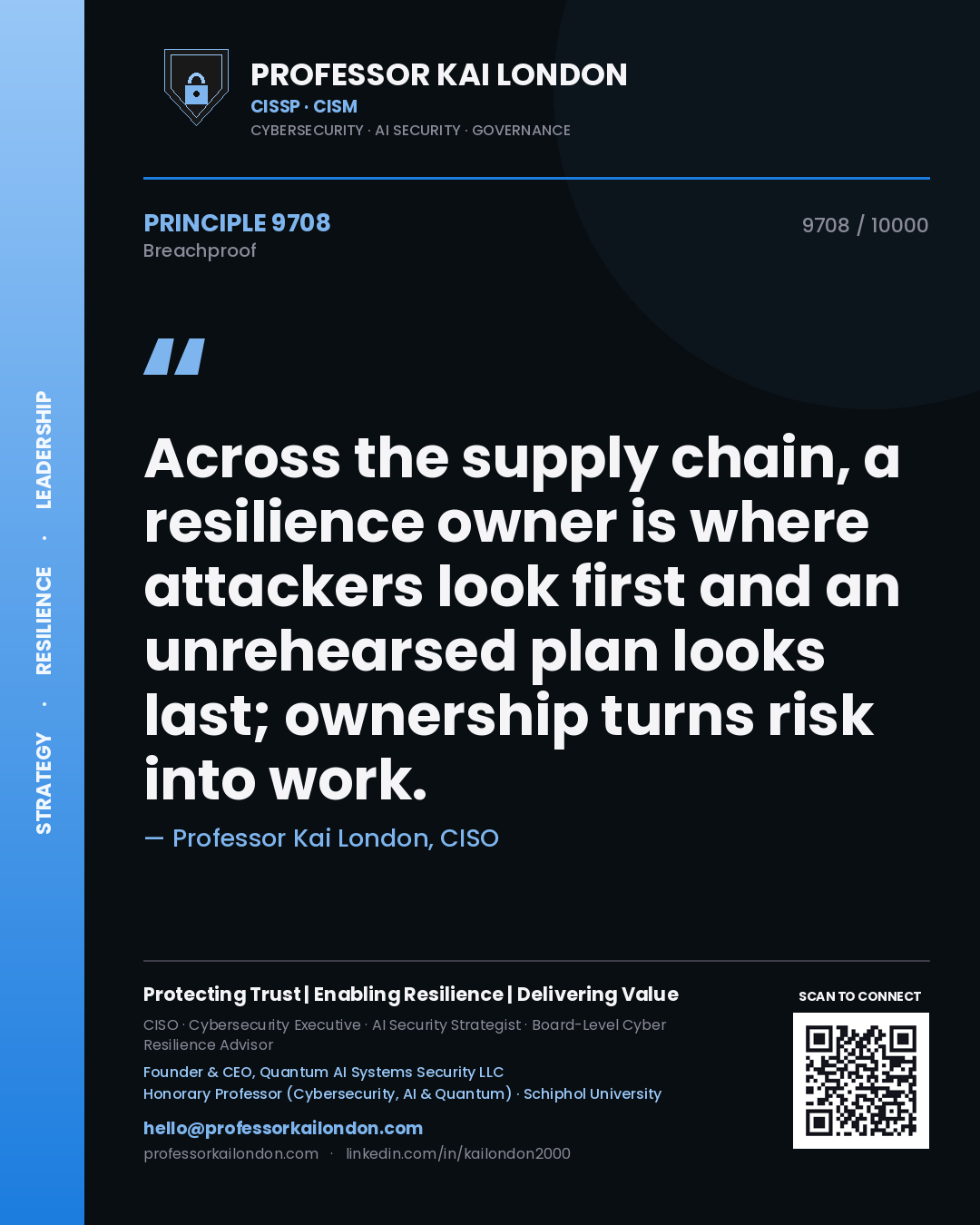 Professor Kai London principle 9708: Across the supply chain, a resilience owner is where attackers look first and an unrehearsed plan looks last; ownership turns risk into work.