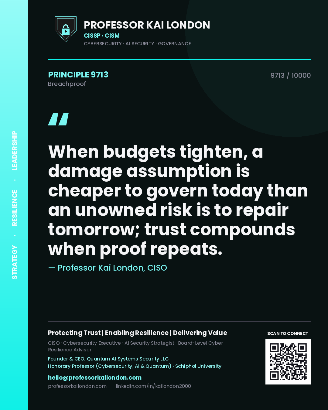Quote card by Professor Kai London reading 'When budgets tighten, a damage assumption is cheaper to govern today than an unowned risk is to repair tomorrow; trust compounds when proof repeats.'. From the book Breachproof.