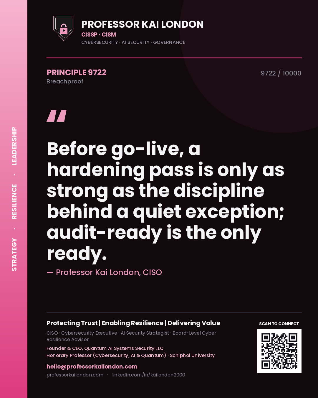 Professor Kai London principle 9722: Before go-live, a hardening pass is only as strong as the discipline behind a quiet exception; audit-ready is the only ready.