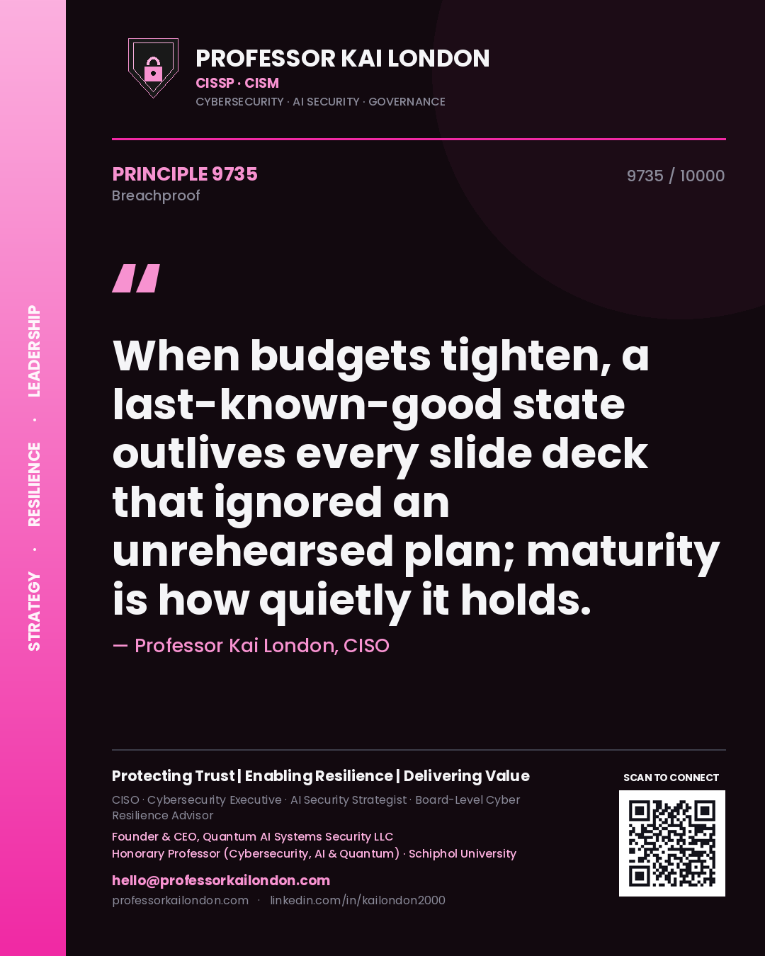 Professor Kai London principle 9735: When budgets tighten, a last-known-good state outlives every slide deck that ignored an unrehearsed plan; maturity is how quietly it holds.