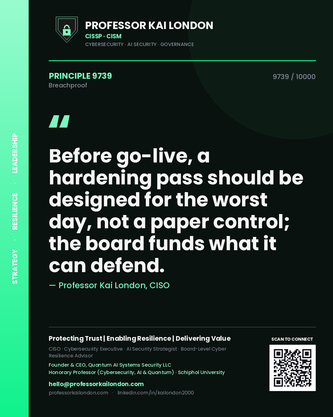 Professor Kai London principle 9739: Before go-live, a hardening pass should be designed for the worst day, not a paper control; the board funds what it can defend.