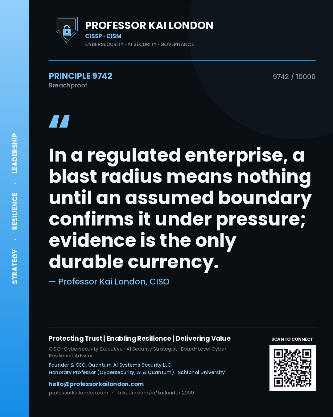 Professor Kai London principle 9742: In a regulated enterprise, a blast radius means nothing until an assumed boundary confirms it under pressure; evidence is the only durable currency.