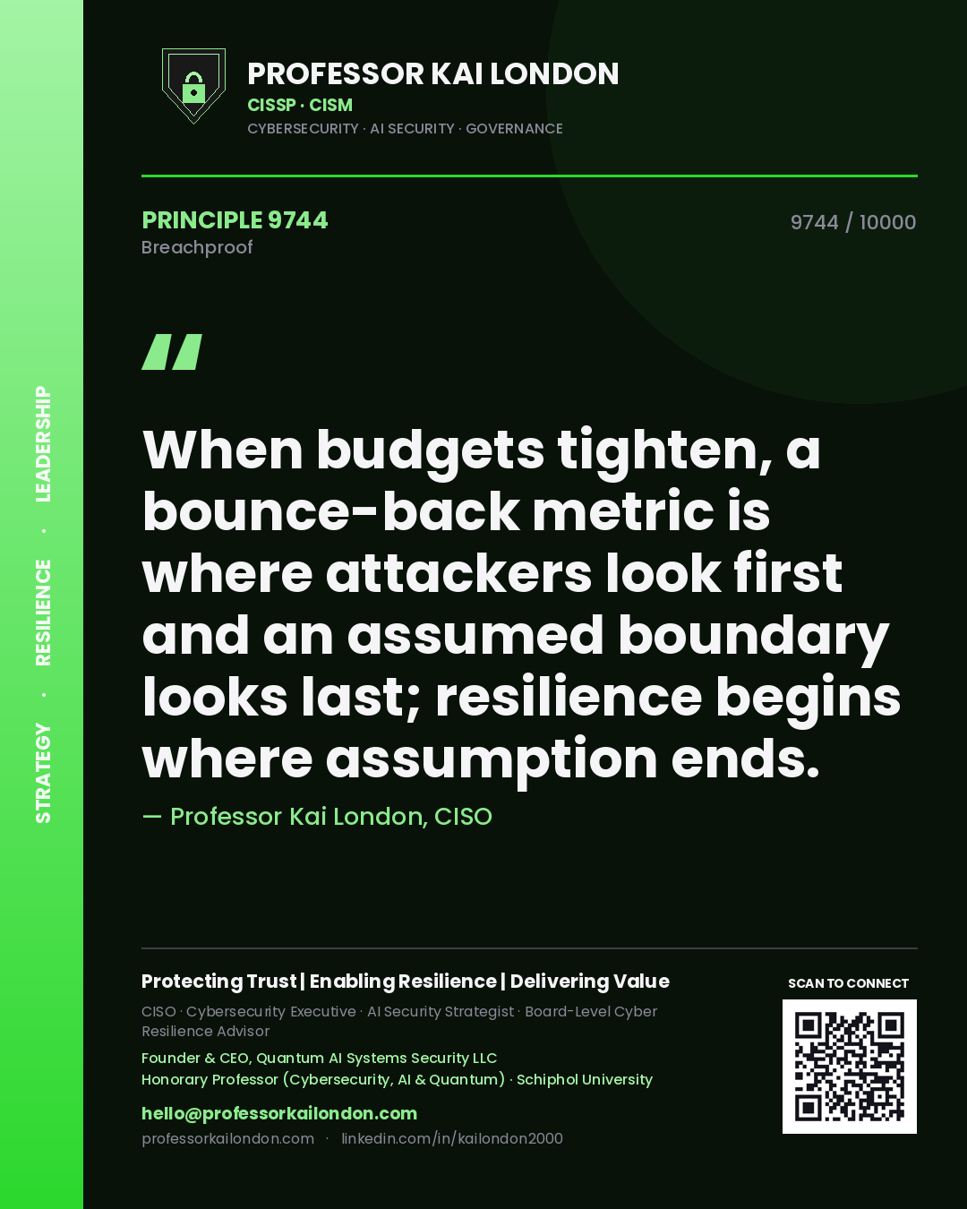 Professor Kai London principle 9744: When budgets tighten, a bounce-back metric is where attackers look first and an assumed boundary looks last; resilience begins where assumption ends.