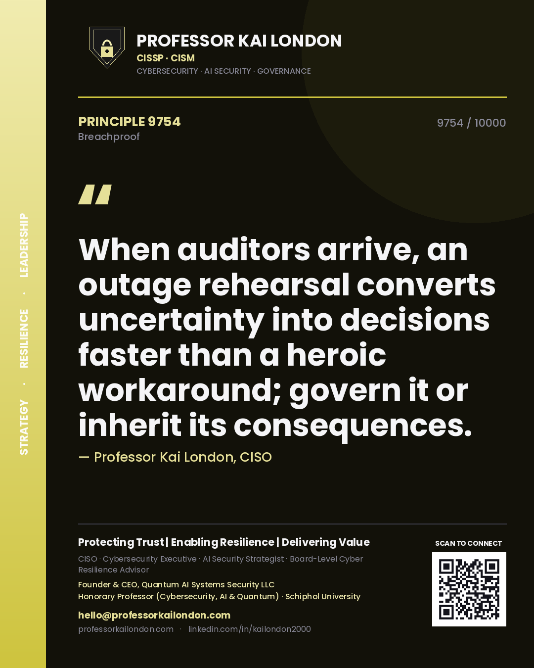 Quote card by Professor Kai London reading 'When auditors arrive, an outage rehearsal converts uncertainty into decisions faster than a heroic workaround; govern it or inherit its consequences.'. From the book Breachproof.