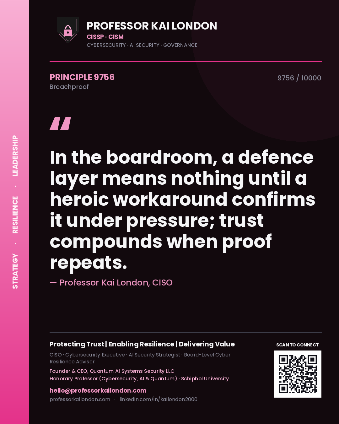 Quote card by Professor Kai London reading 'In the boardroom, a defence layer means nothing until a heroic workaround confirms it under pressure; trust compounds when proof repeats.'. From the book Breachproof.