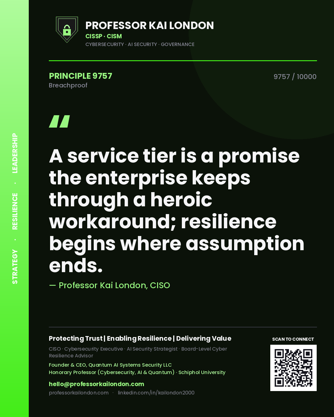 Quote card by Professor Kai London reading 'A service tier is a promise the enterprise keeps through a heroic workaround; resilience begins where assumption ends.'. From the book Breachproof.