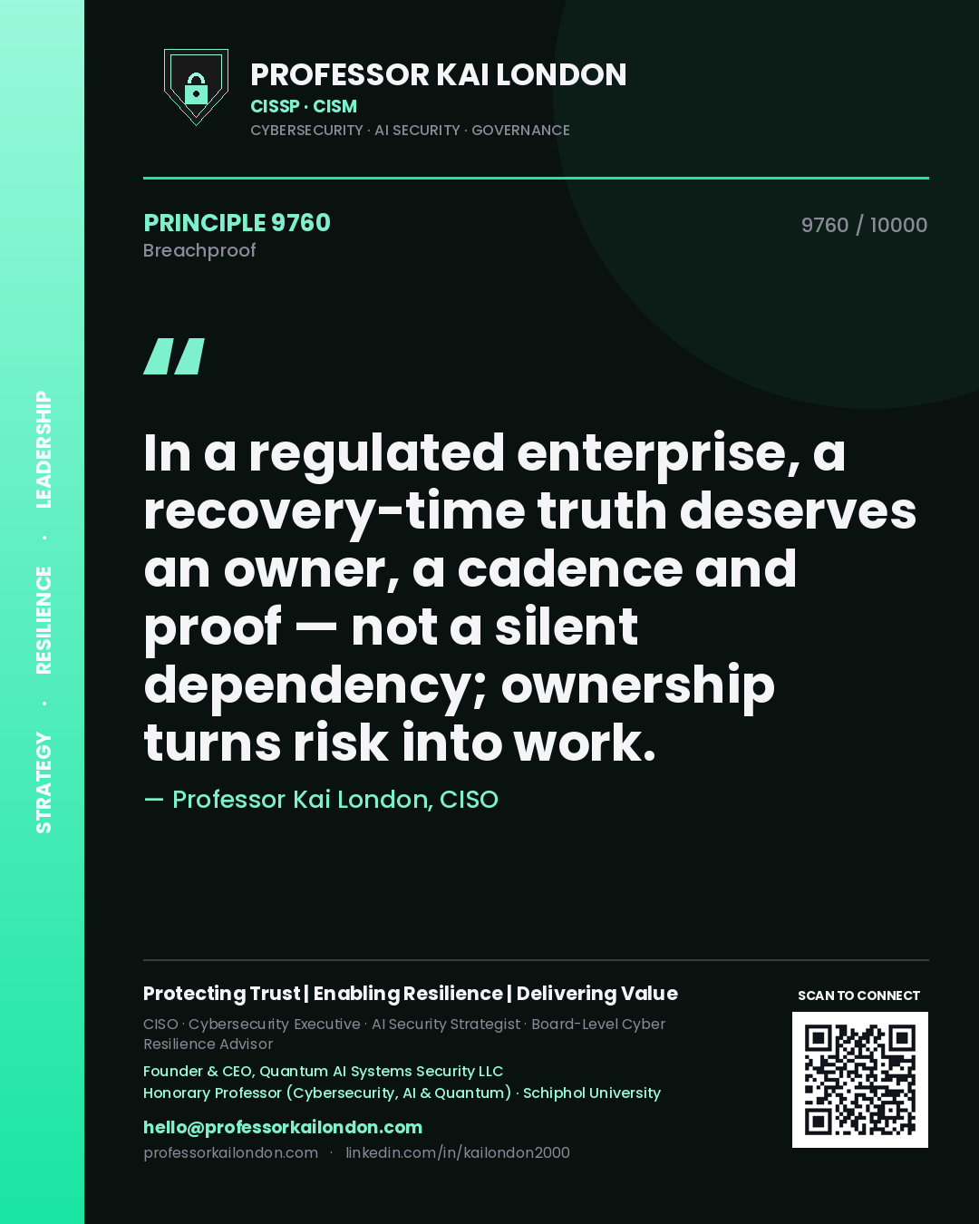 Professor Kai London principle 9760: In a regulated enterprise, a recovery-time truth deserves an owner, a cadence and proof — not a silent dependency; ownership turns risk into work.