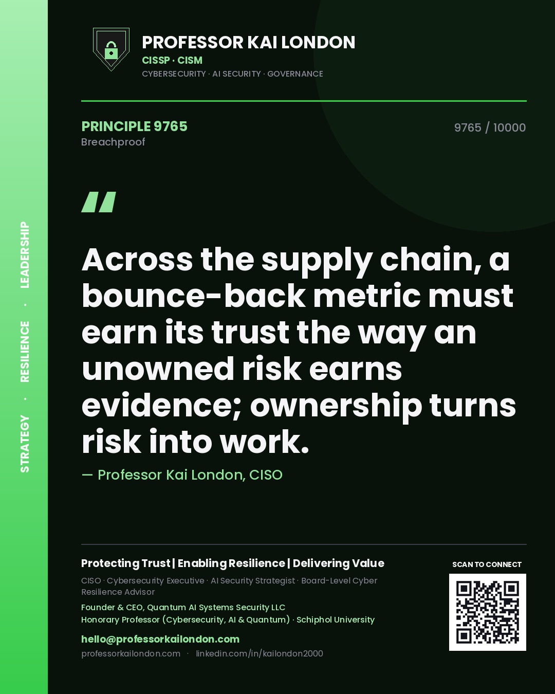 Quote card by Professor Kai London reading 'Across the supply chain, a bounce-back metric must earn its trust the way an unowned risk earns evidence; ownership turns risk into work.'. From the book Breachproof.