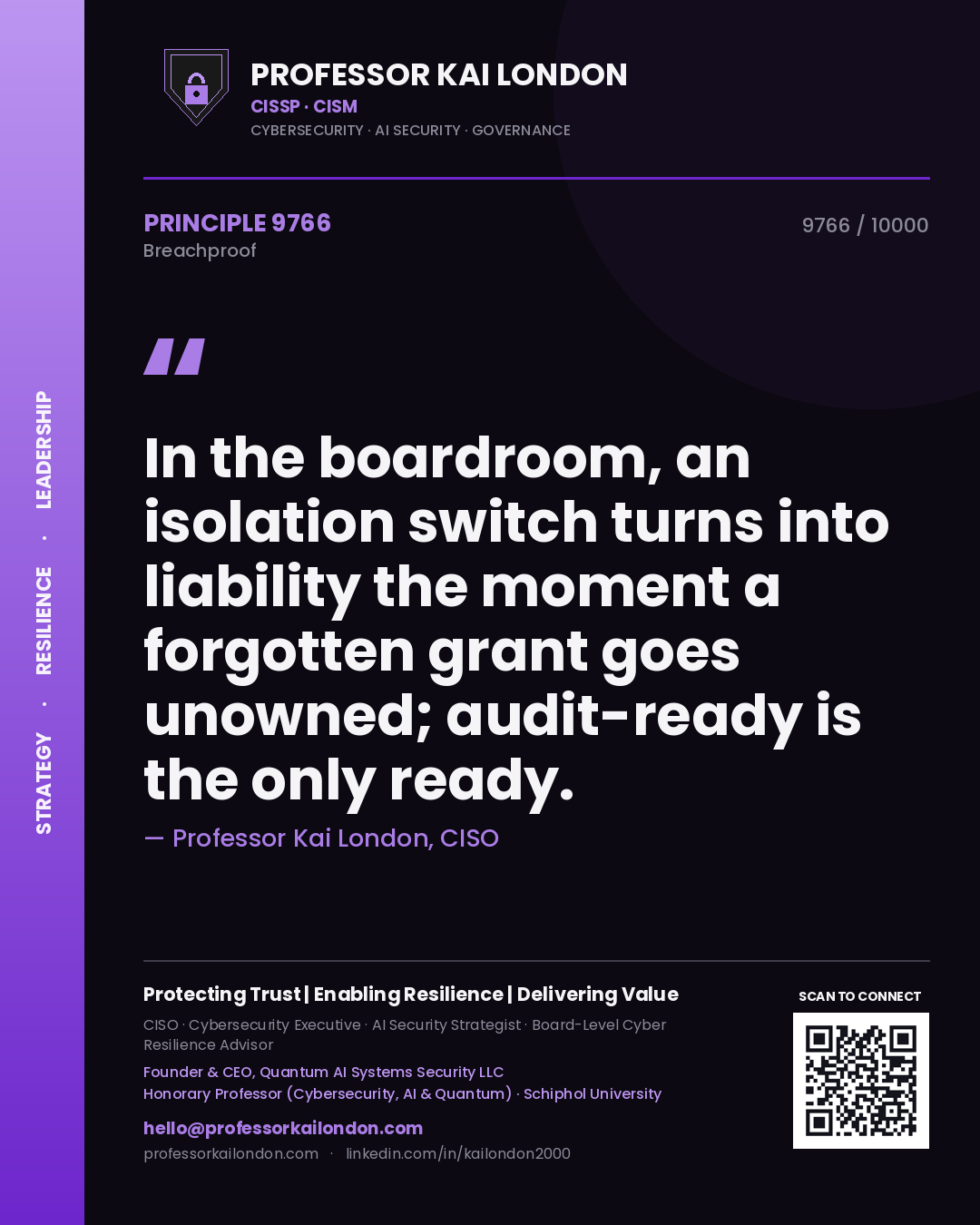 Quote card by Professor Kai London reading 'In the boardroom, an isolation switch turns into liability the moment a forgotten grant goes unowned; audit-ready is the only ready.'. From the book Breachproof.