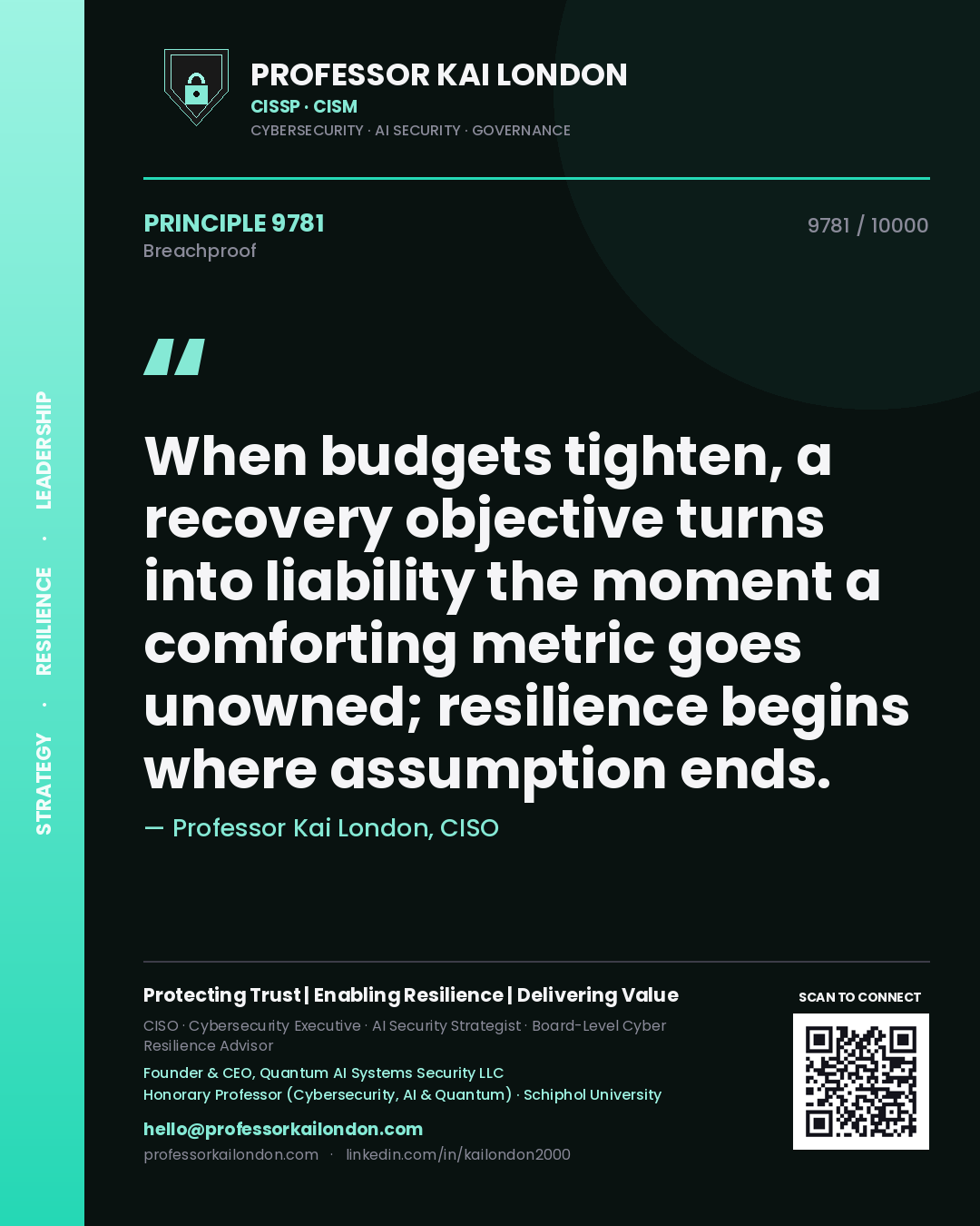 Professor Kai London principle 9781: When budgets tighten, a recovery objective turns into liability the moment a comforting metric goes unowned; resilience begins where assumption ends.