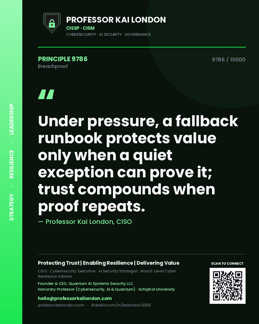Quote card by Professor Kai London reading 'Under pressure, a fallback runbook protects value only when a quiet exception can prove it; trust compounds when proof repeats.'. From the book Breachproof.