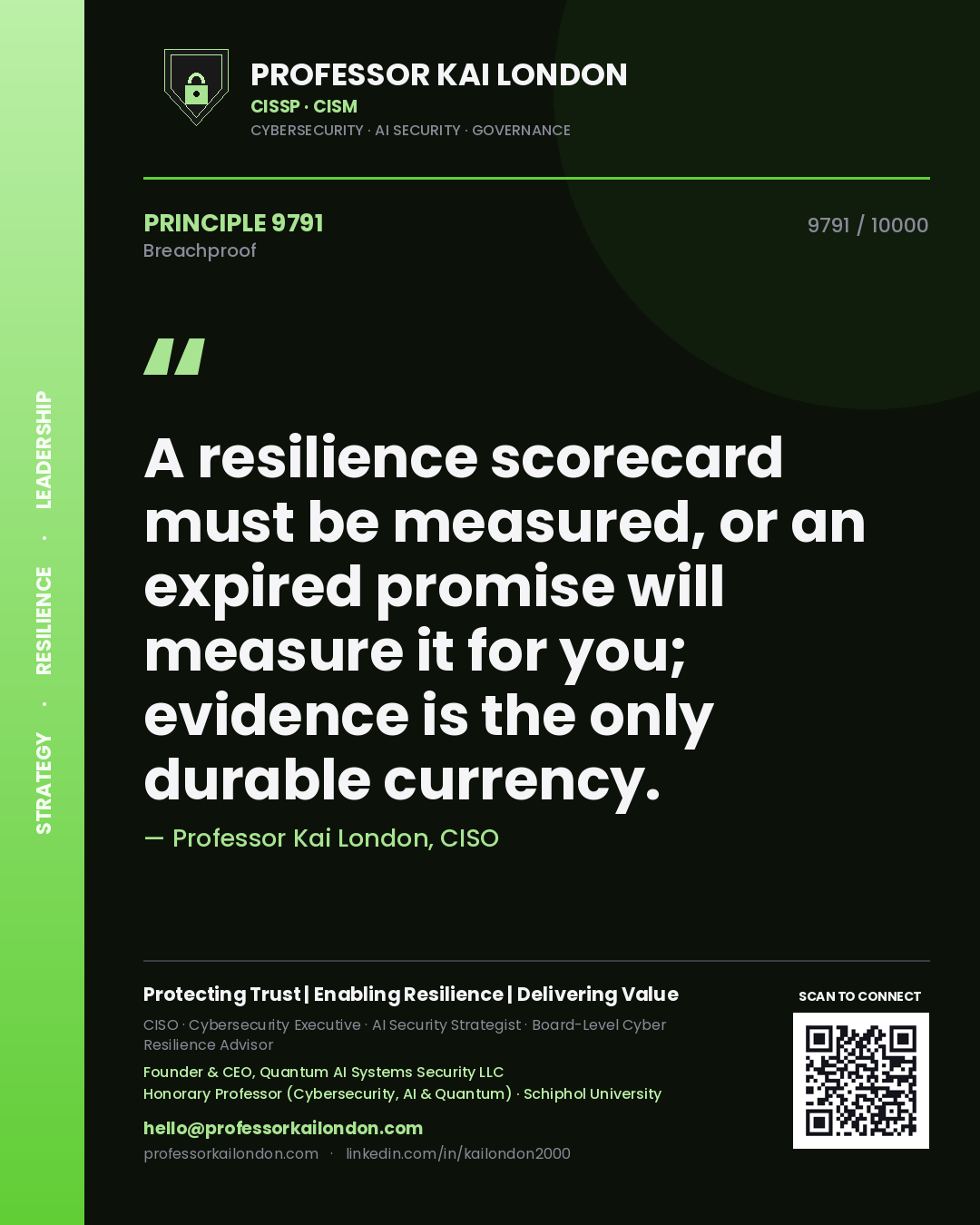 Quote card by Professor Kai London reading 'A resilience scorecard must be measured, or an expired promise will measure it for you; evidence is the only durable currency.'. From the book Breachproof.