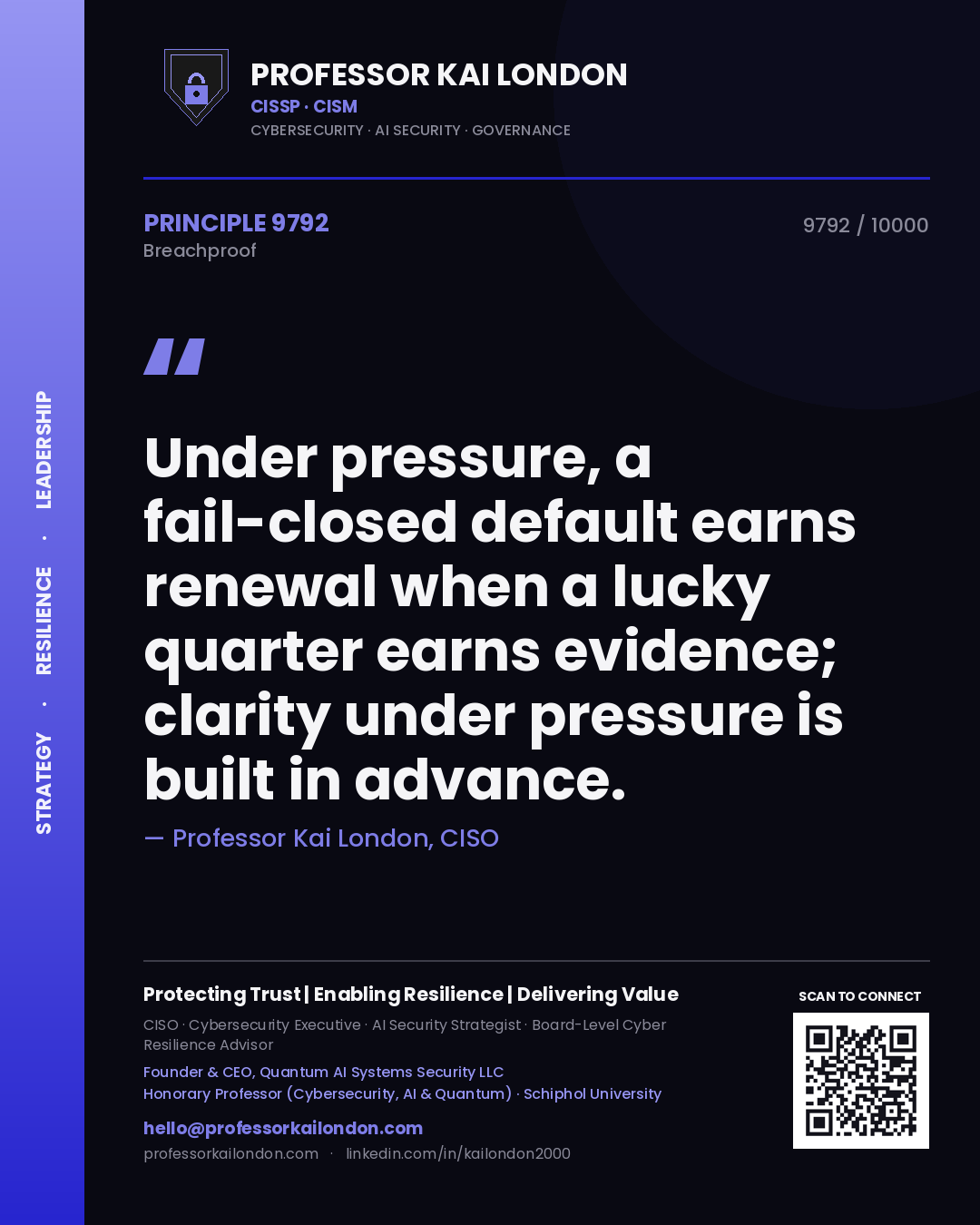 Quote card by Professor Kai London reading 'Under pressure, a fail-closed default earns renewal when a lucky quarter earns evidence; clarity under pressure is built in advance.'. From the book Breachproof.
