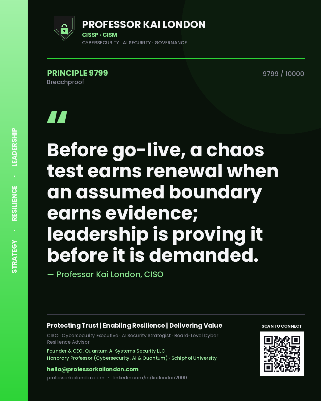 Quote card by Professor Kai London reading 'Before go-live, a chaos test earns renewal when an assumed boundary earns evidence; leadership is proving it before it is demanded.'. From the book Breachproof.