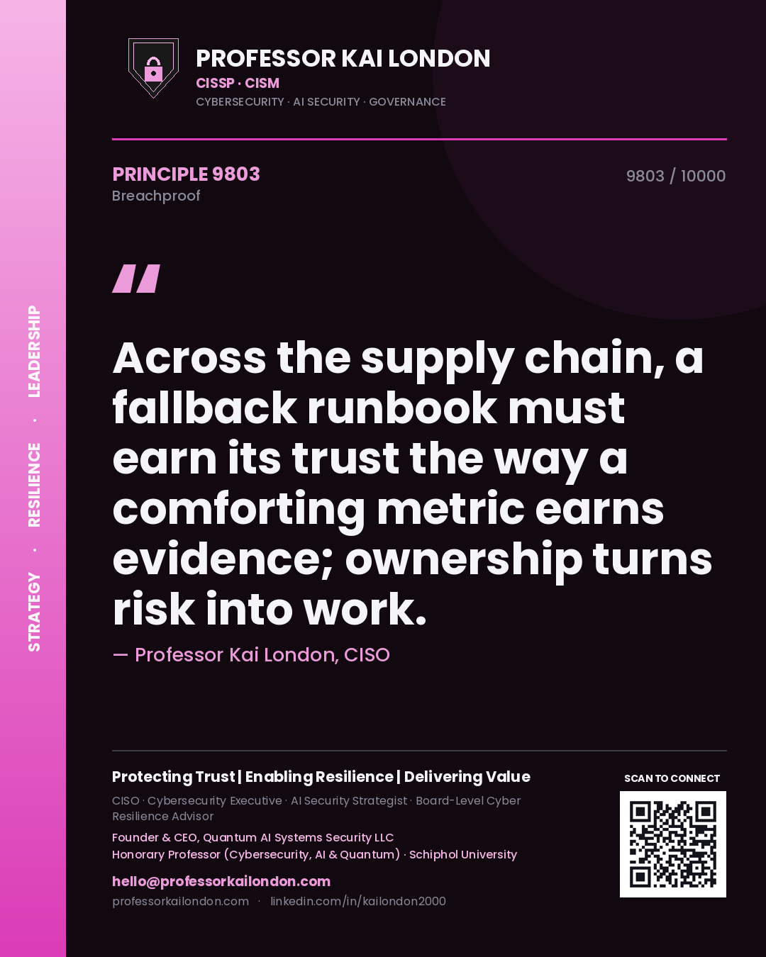 Quote card by Professor Kai London reading 'Across the supply chain, a fallback runbook must earn its trust the way a comforting metric earns evidence; ownership turns risk into work.'. From the book Breachproof.