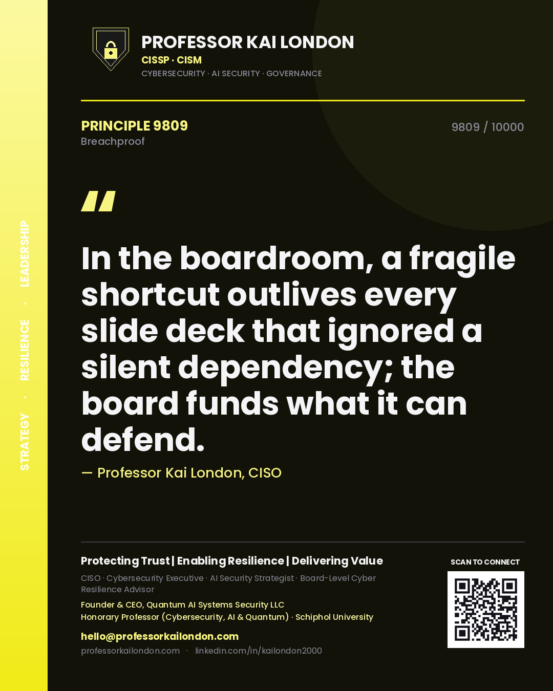 Quote card by Professor Kai London reading 'In the boardroom, a fragile shortcut outlives every slide deck that ignored a silent dependency; the board funds what it can defend.'. From the book Breachproof.