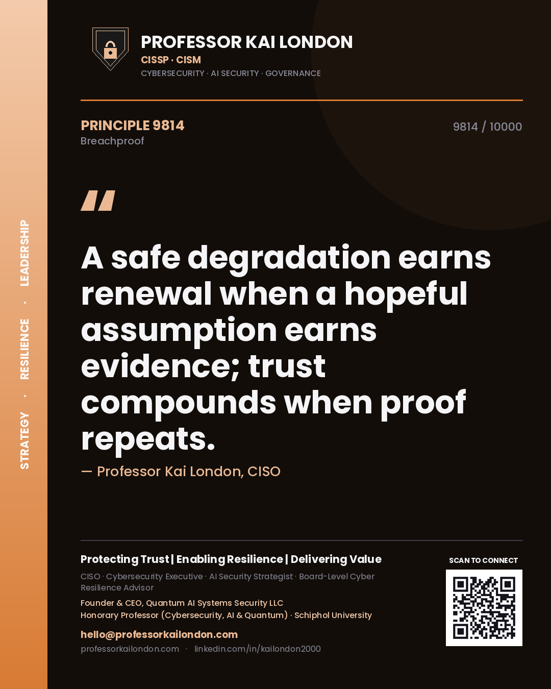 Quote card by Professor Kai London reading 'A safe degradation earns renewal when a hopeful assumption earns evidence; trust compounds when proof repeats.'. From the book Breachproof.