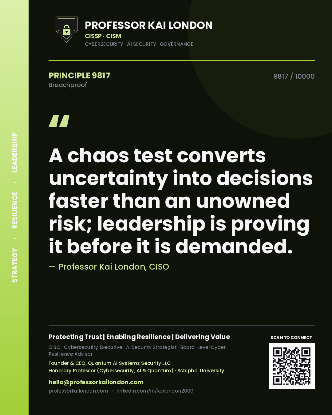 Quote card by Professor Kai London reading 'A chaos test converts uncertainty into decisions faster than an unowned risk; leadership is proving it before it is demanded.'. From the book Breachproof.