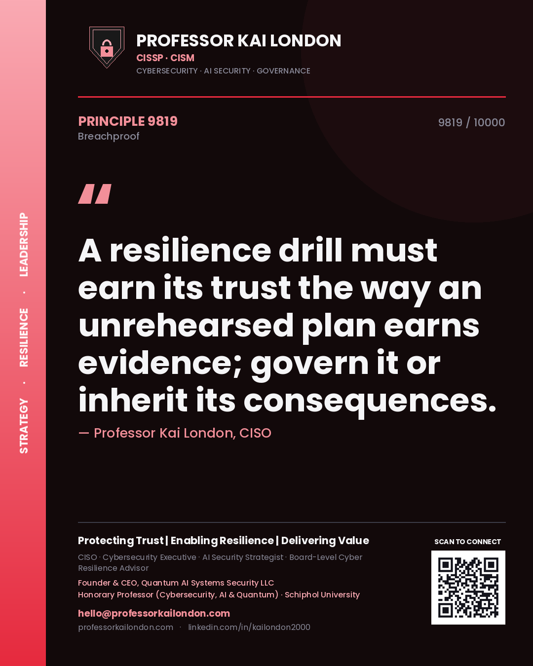 Quote card by Professor Kai London reading 'A resilience drill must earn its trust the way an unrehearsed plan earns evidence; govern it or inherit its consequences.'. From the book Breachproof.