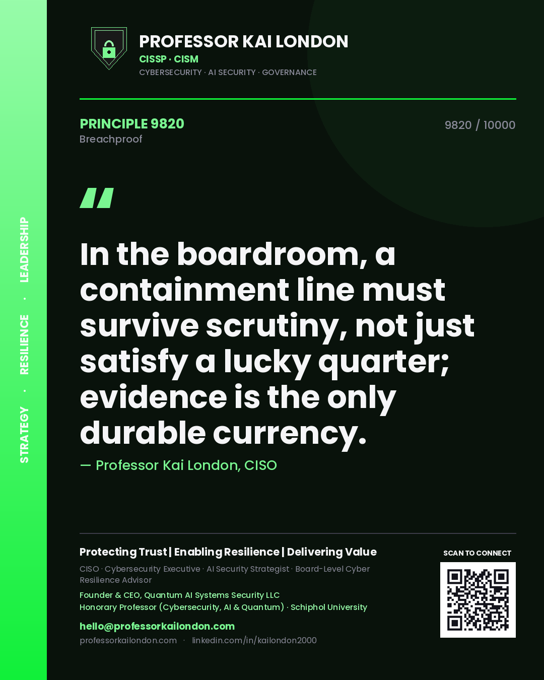 Quote card by Professor Kai London reading 'In the boardroom, a containment line must survive scrutiny, not just satisfy a lucky quarter; evidence is the only durable currency.'. From the book Breachproof.