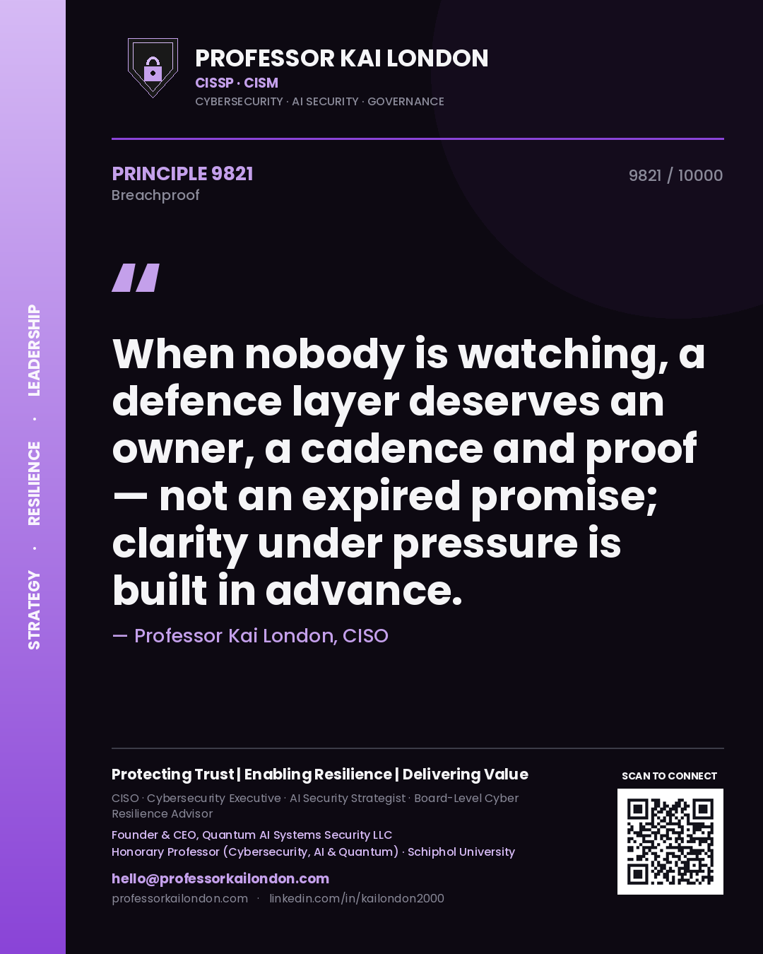 Quote card by Professor Kai London reading 'When nobody is watching, a defence layer deserves an owner, a cadence and proof — not an expired promise; clarity under pressure is built in advance.'. From the book Breachproof.